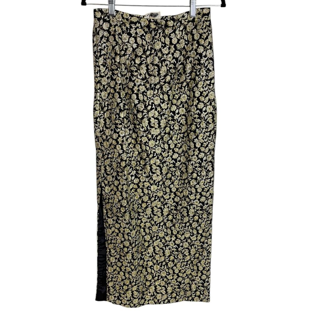Vintage 50s 60s Black Gold Floral Brocade Long Maxi Skirt Cocktail Formal Party